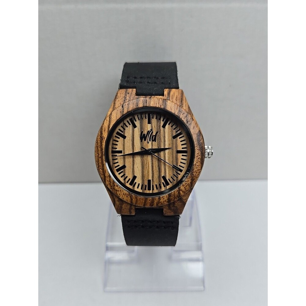 Wild Wooden Quartz Watch Zebrawood Dial Leather Strap Minimalist New Battery
